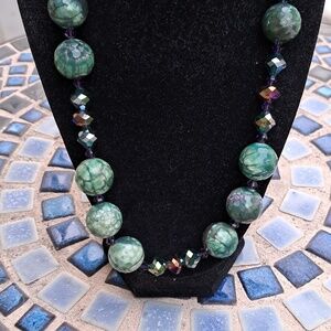 925 Sterling Silver Facted Green Stone Green/Purple Beaded Necklace.